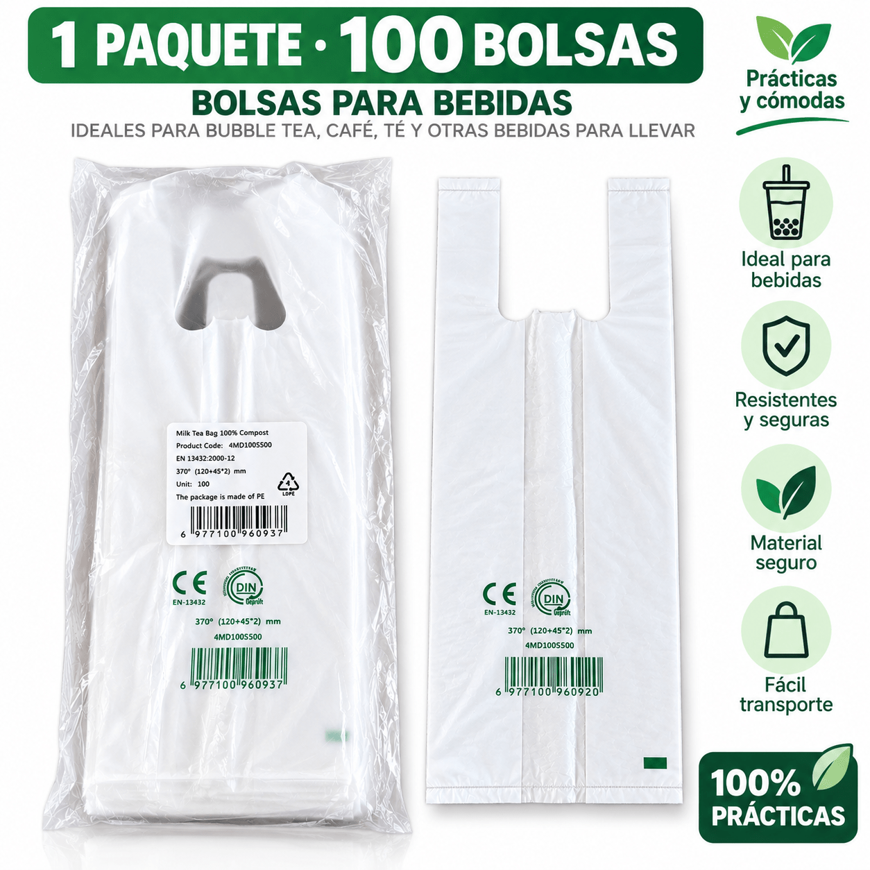 TEMU 100 Bolsas para Vasos de Bebidas 37 × 12 cm con Asa | Bolsas para Bubble Tea, Café, Té y Bebidas para Llevar