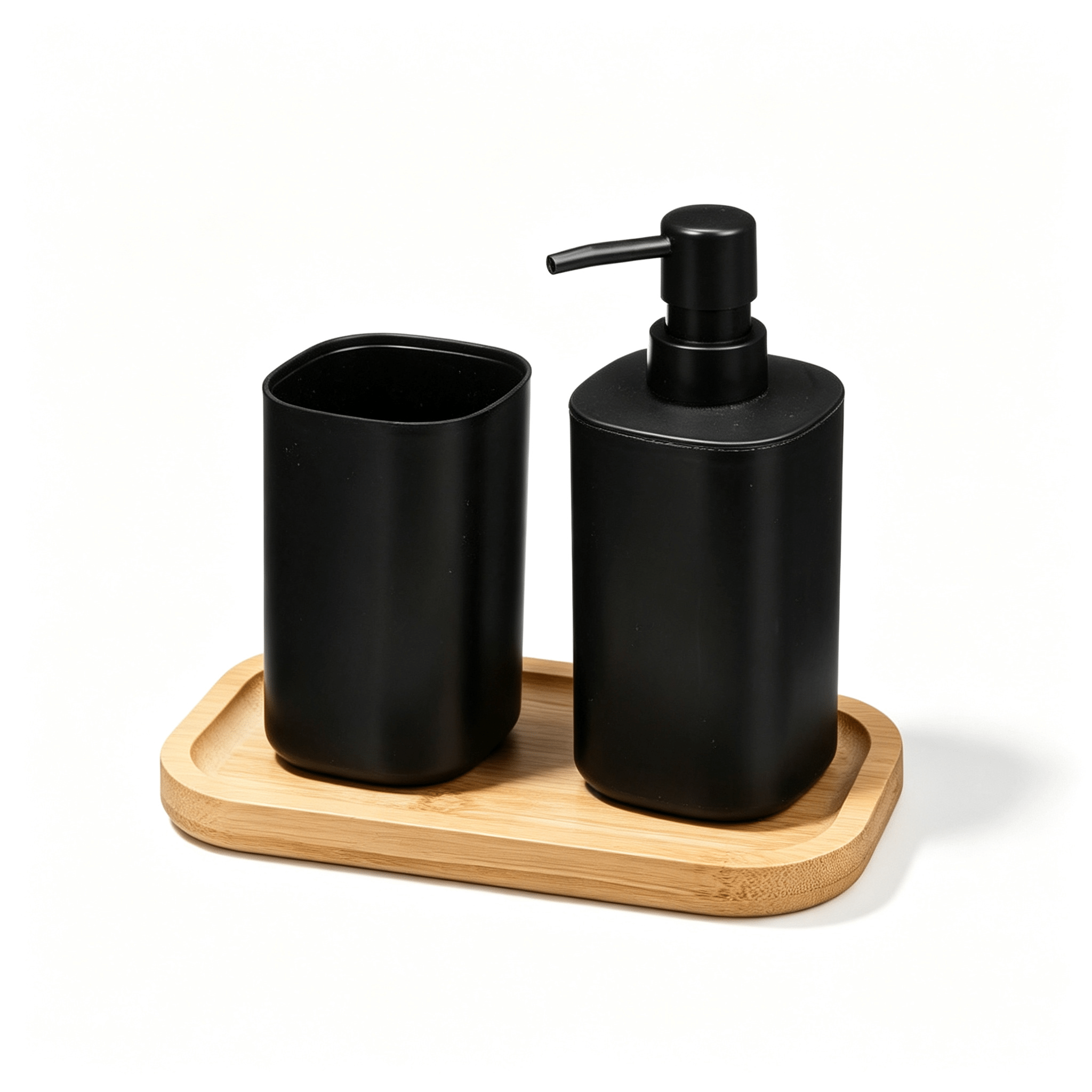 TEMU HOME Set Dosificador de Jabón y Vaso con Bandeja de Bambú - Colores disponibles: blanco y negro - Su diseño sencillo y moderno fácilmente con