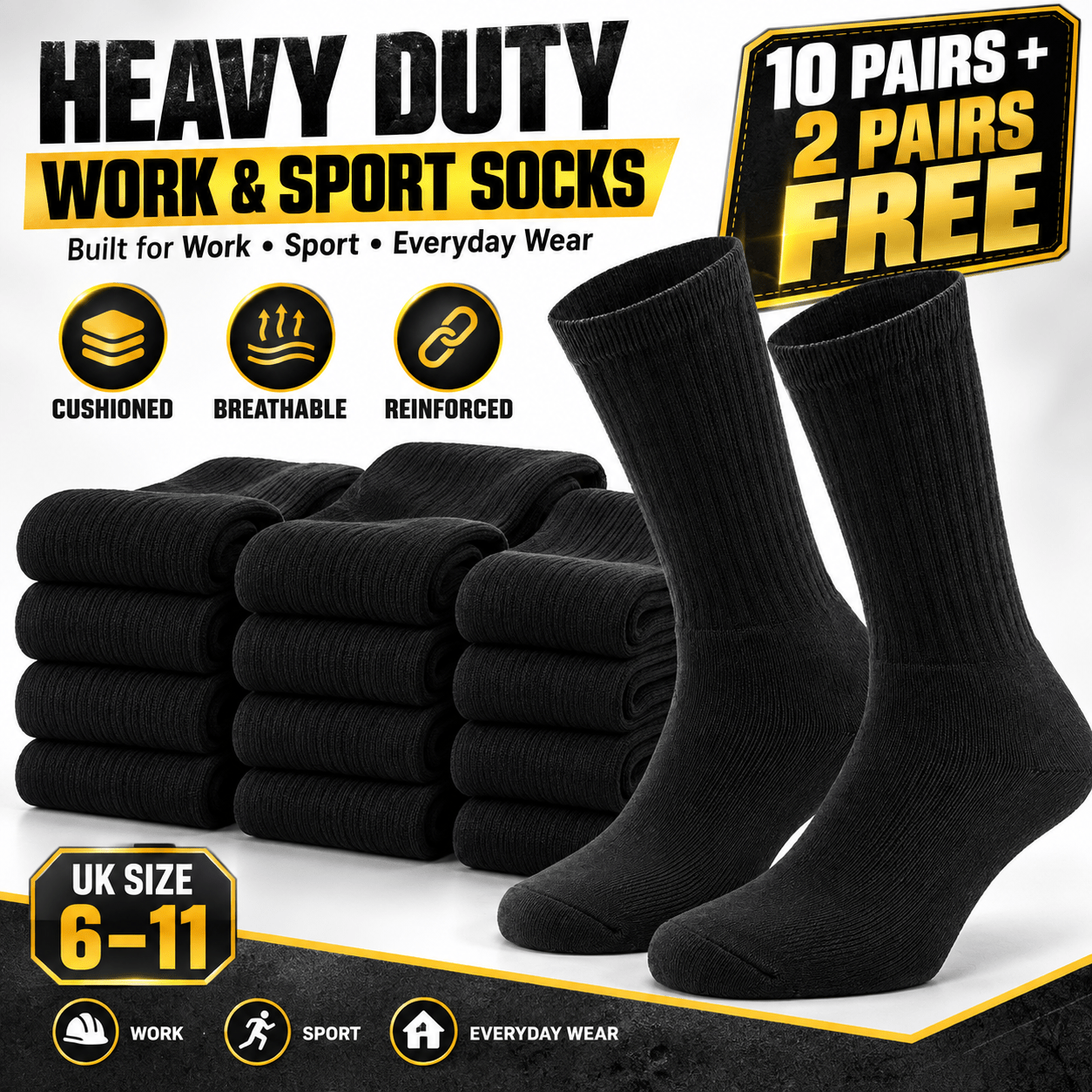 TEMU 10 Pairs + 's Heavy Duty Work Socks Uk 6-11 – 12 Pairs Black Crew Socks, Cushioned, Breathable, Reinforced Heel & Toe – Work, Sport & Everyday