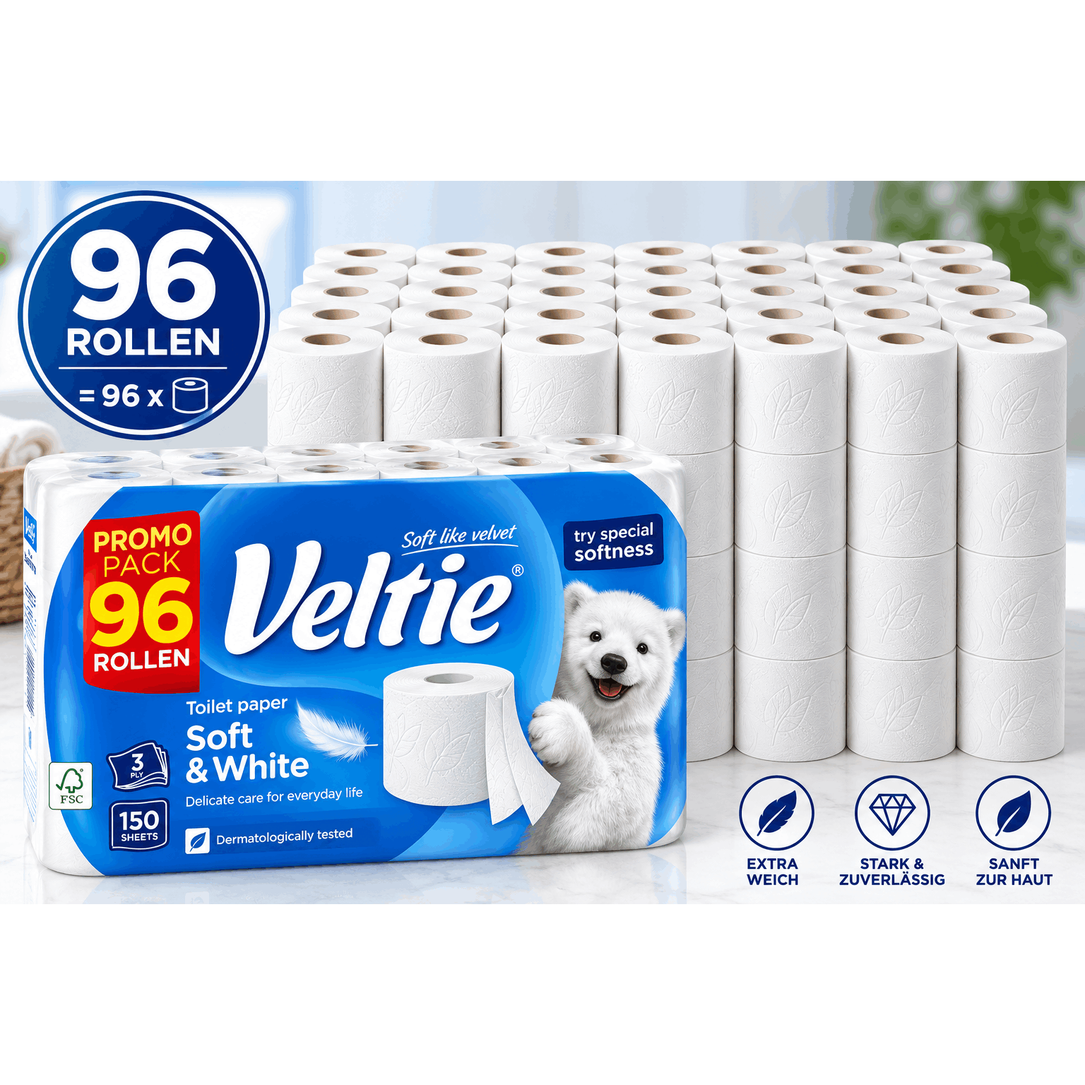 TEMU 96 Rolls Of Veltie Toilet Paper 3-layer, 150 Sheets Per Roll, 14,400 Sheets Total, Bulk Pack
