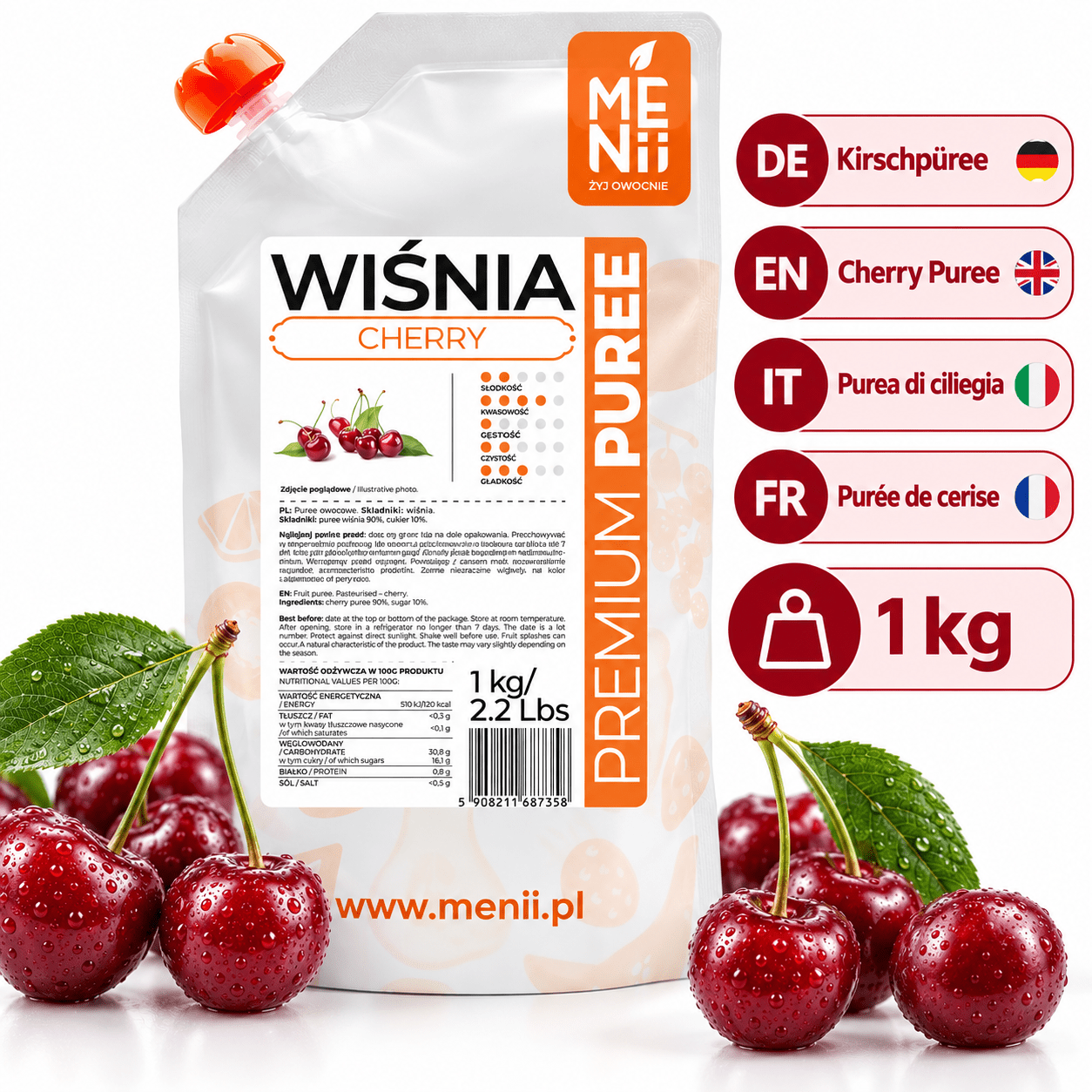 Image of Menii Premium Cherry Purée 1 Kg – Fruit Purée With 90% Cherry + 10% Sugar, Ready To Use For Desserts, Cakes, Ice Cream, Smoothies, Cocktails, Sauces, Creams, Fillings & Pastry