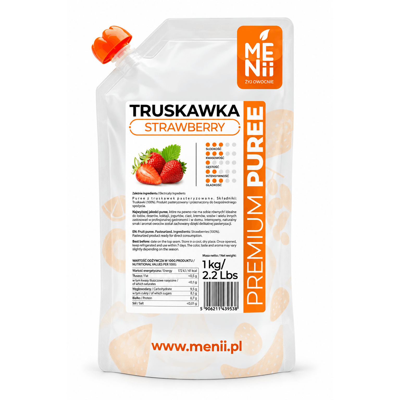 Image of Menii Premium Strawberry Puree 1 Kg - Fruit Puree With 90% Strawberries + 10% Sugar, Ready To Use For Desserts, Cakes, Tortes, Ice Cream, Sorbet, Smoothies, S, Sauces, Creams, Fillings & Patisserie