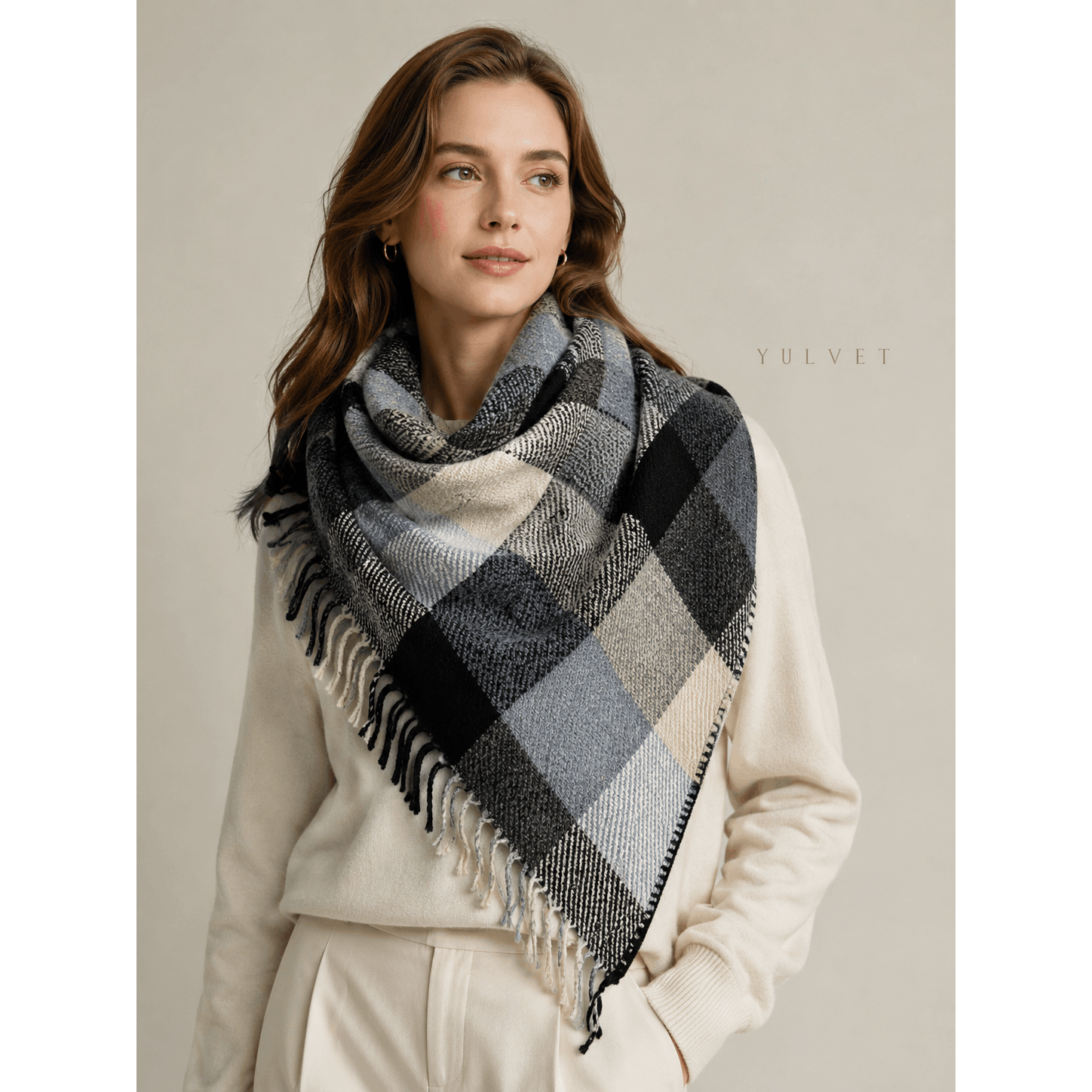 Image of Yulvet Women's 100% Viscose Triangular Scarf With Design And Fringes On , Soft And Versatile Shawl With Natural Drape For Wearing Around The Neck Or Over The Shoulders