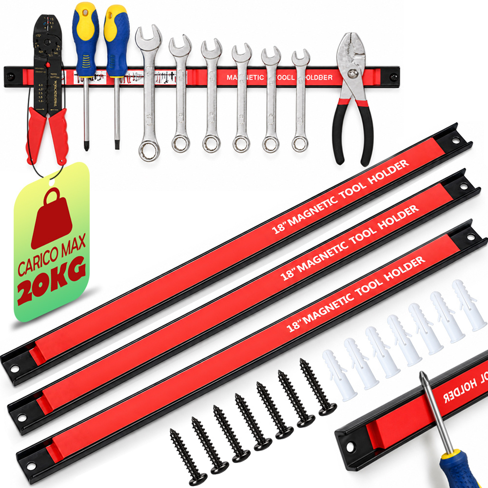 TEMU Bakaji Set 3pz Barra Magnetica Portautensili Barre Magnetiche Calamitate da Parete Muro Porta Attrezzi da Lavoro e, Kit di Montaggio (3 x 46 cm)