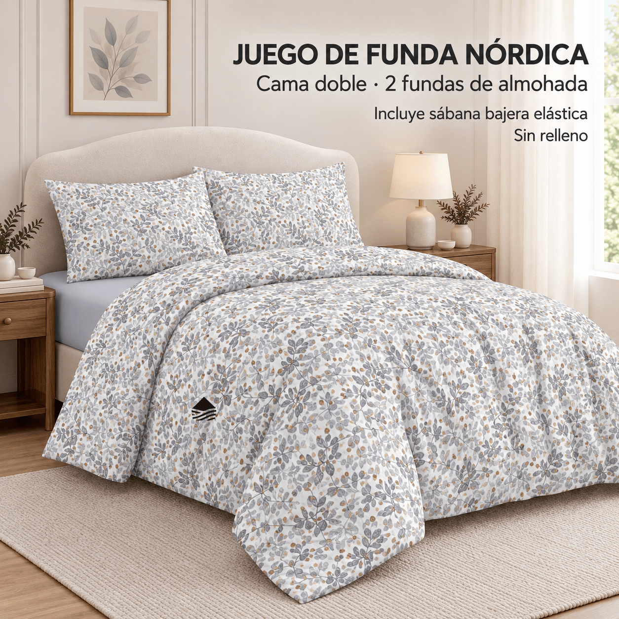 TEMU Juego de Nórdica 3/4 piezas, sábana bajera elástica y fundas de almohada, juego de cama, ropa de cama, para cama 90/105/135/150/180, Hojas