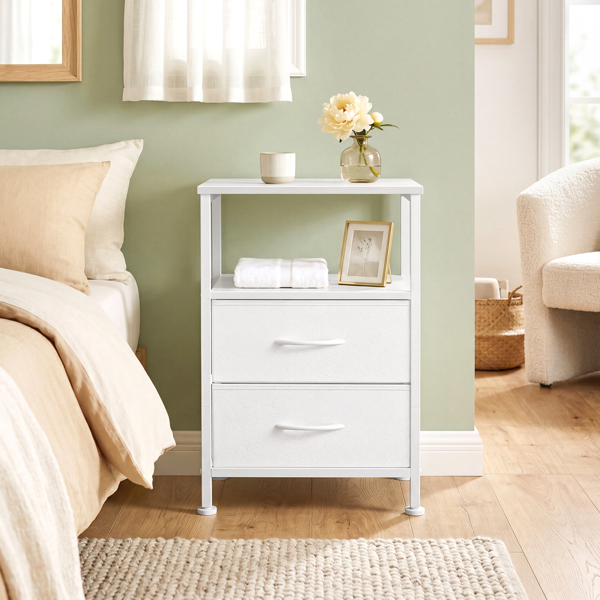 Image of Nightstand With Open Compartment And 2 Drawers, Side Table For Living Room, Bedroom, 30 X 39.6 X 60.4 Cm, White