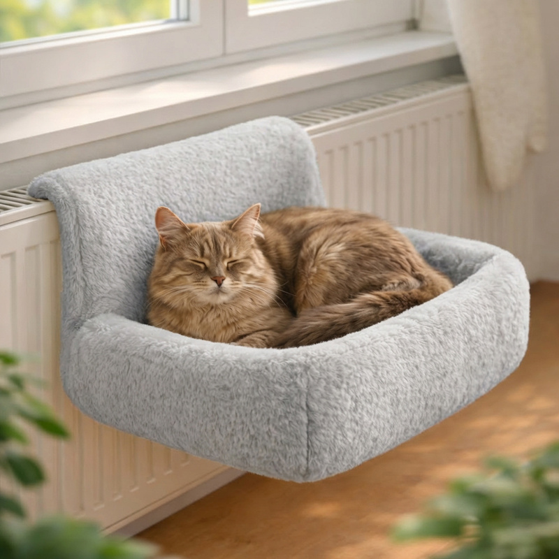 Image of Hanging Cat Heating Bed, Soft Plush Cover, Metal Frame, Washable, Fits Standard Radiators, Ideal As A Retreat And Viewing Spot