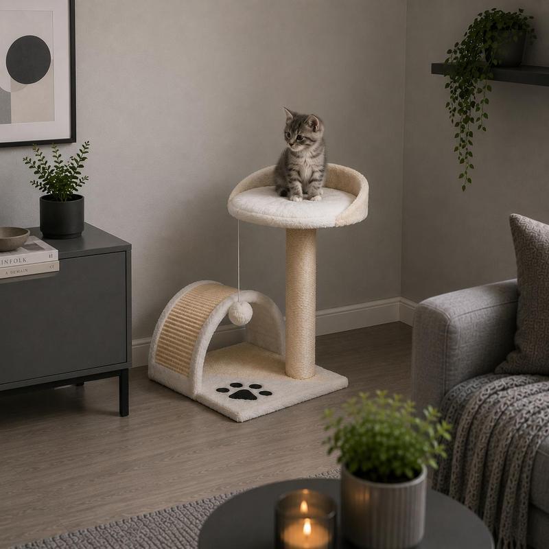 Image of Space- Cat Scratching Post With Sisal Arch, Soft Lounging Area, Plush Play Ball, Durable, Compact, For Small And Large Cats