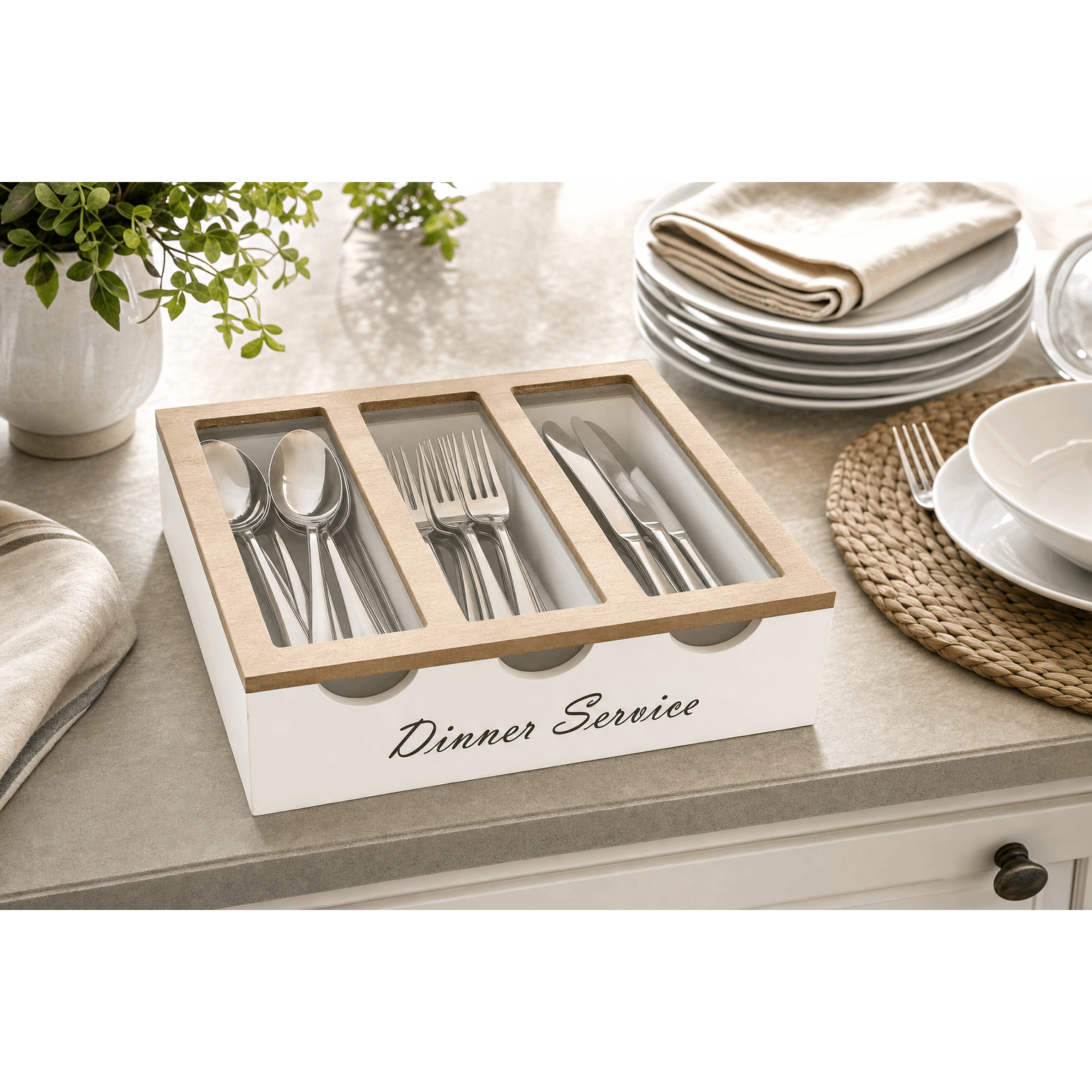 TEMU Kitchen Utensil Holder With 3 Compartments, With Wood-effect Frame, Dinner Service Decoration, 26 × 24 × 7 Cm For Kitchen And Dining Room