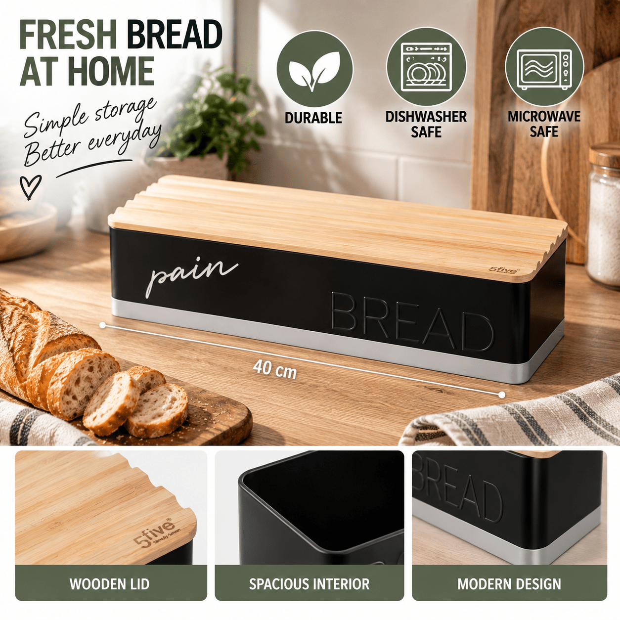 Temu Noire Boîte À Pain Longue 40 Cm – Rangement Pour Et Pain – Format Rectangulaire – Boîte De Cuisine Avec Couvercle – Organisation Du Plan De Travail