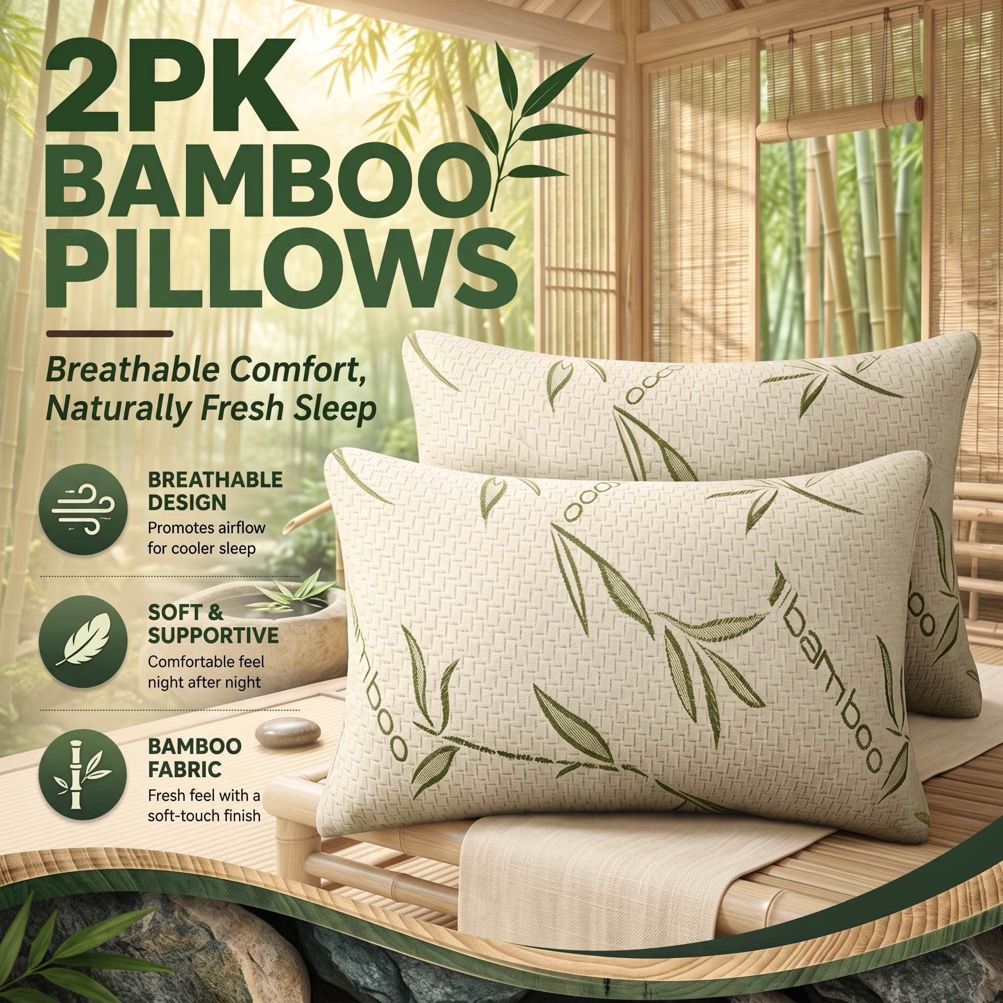 TEMU Bamboo Memory Foam Of 2 | Medium Firm Support For | Soft & Breathable | 50x75cm Breathable Fabric Home &