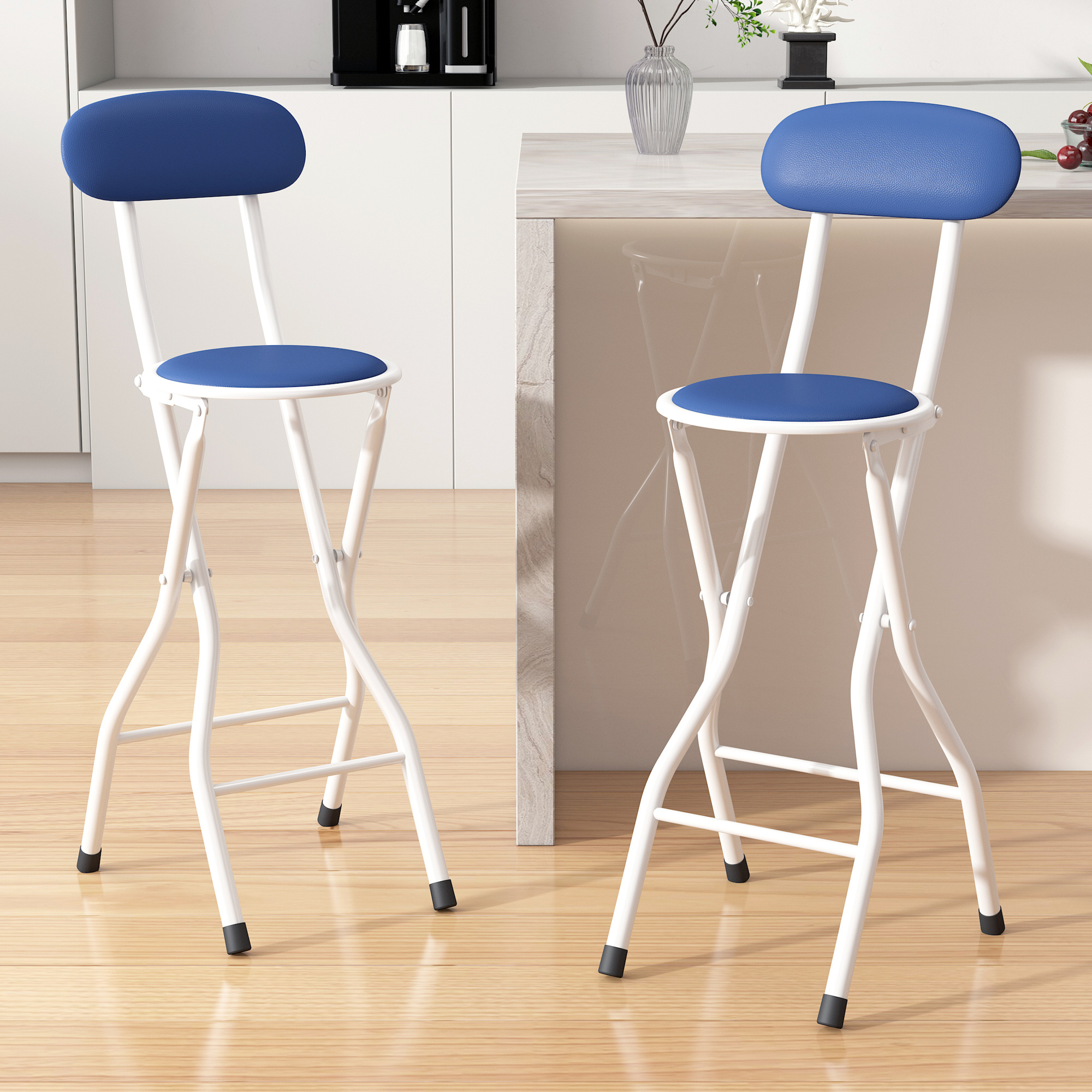 Image of Folding Bar Stool, 2pcs Set, Bar Stool For Breakfast, Kitchen And Restaurant, Folding Chair Made Of Artificial Leather With Metal Frame, Padded High Chair