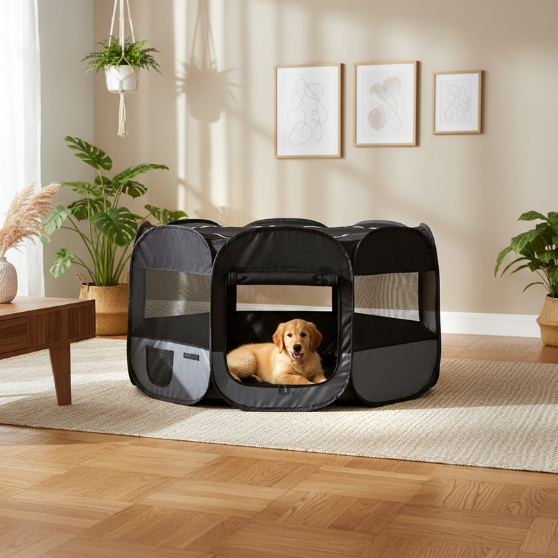 Image of Foldable Dog Playpen With Mesh Walls, Pop-, 2 Entrances, Water-resistant, Scratch-proof, Includes Carry Bag, For Indoor And Outdoor Use