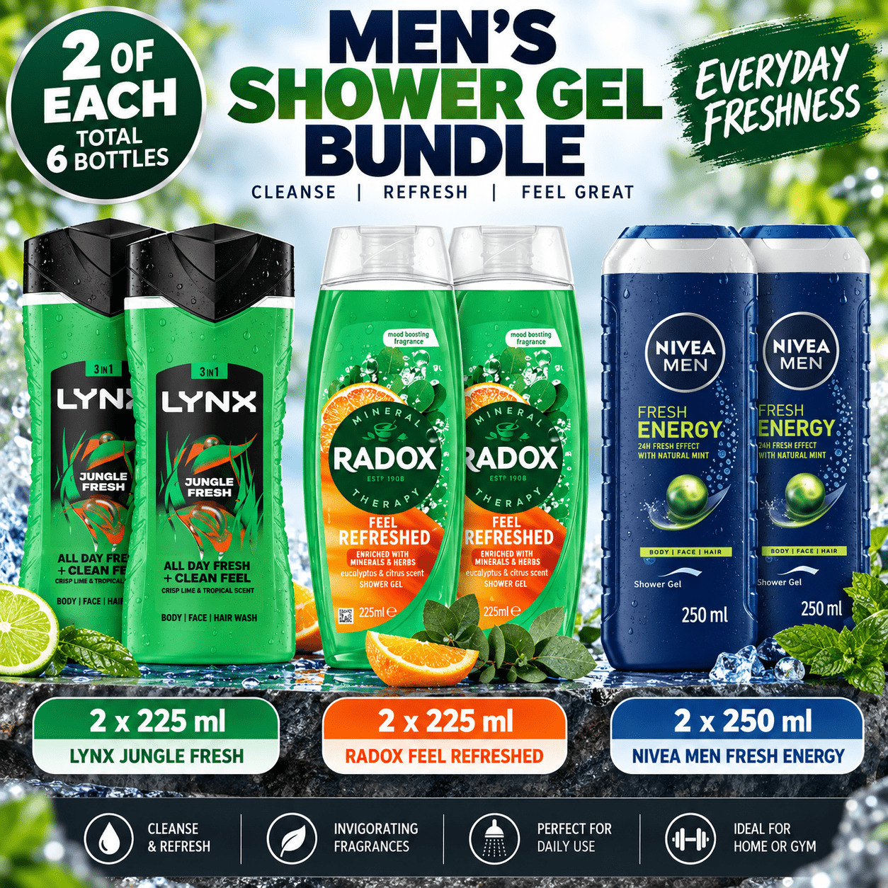 TEMU 6 Pack Men's Shower Gel Bundle – 2 X Lynx 225ml, 2 X Radox Feel Refreshed 225ml & 2 X Nivea Men 250ml