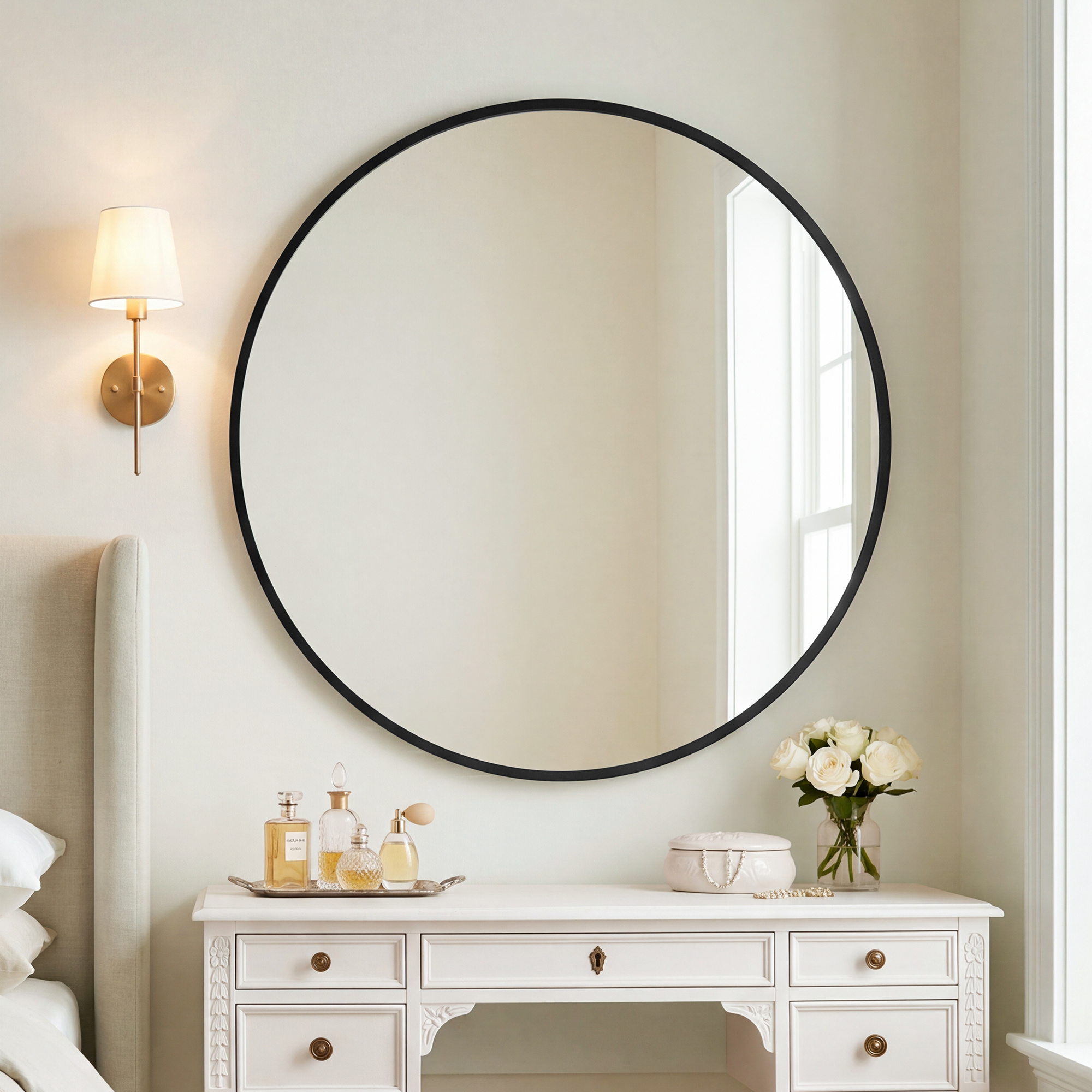 TEMU Wand Mirror, Round Mirror, Metal Frame, 80 Cm Diameter, For Bathroom, Living Room, Bedroom, Hallway, Black