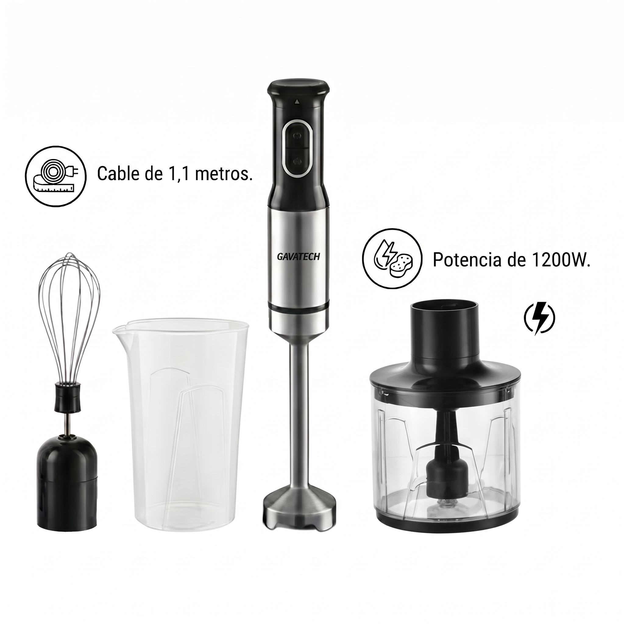 TEMU Batidora de 1200W Gavatech – Kit 3 en 1 con Picadora de 800ml, Varilla Batidora, 4 Cuchillas y Cable Extralargo de 1.1m, Control de Velocidad