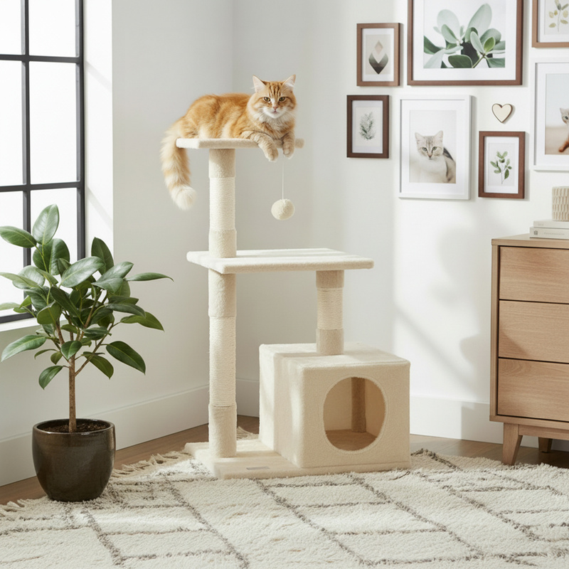 Image of Cat Tree, 85 Cm Tall, With Cave, Sisal Posts For Claw Care, 2 Lounging Areas, Plush Ball , Compact, Sturdy, Suitable For Small And Large Cats