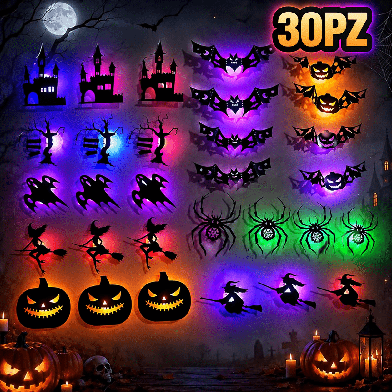 Image of 30-piece Or 8-piece Halloween Wall Decoration Set, Assorted With Bats, Pumpkins, Ghosts, And Witches, Home, Entryway, And Themed Party Decor, Choose Your