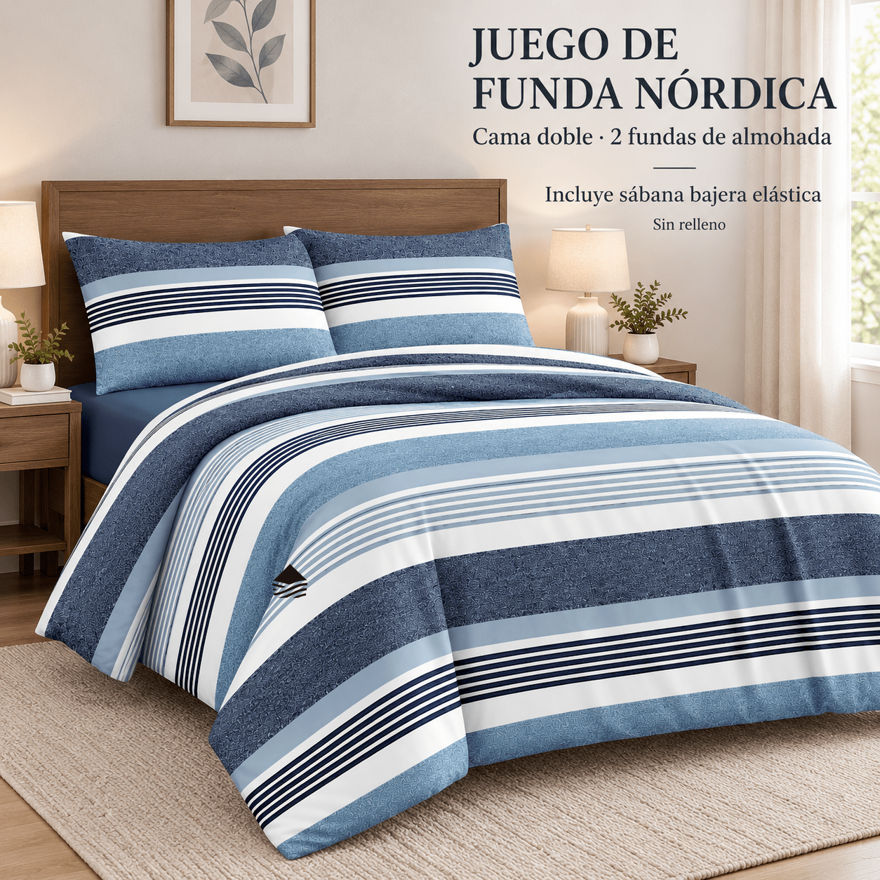 TEMU Juego de Nórdica 3/4 piezas, sábana bajera elástica y fundas de almohada, juego de cama, ropa de cama, para cama 90/105/135/150/180, Rayas Azul