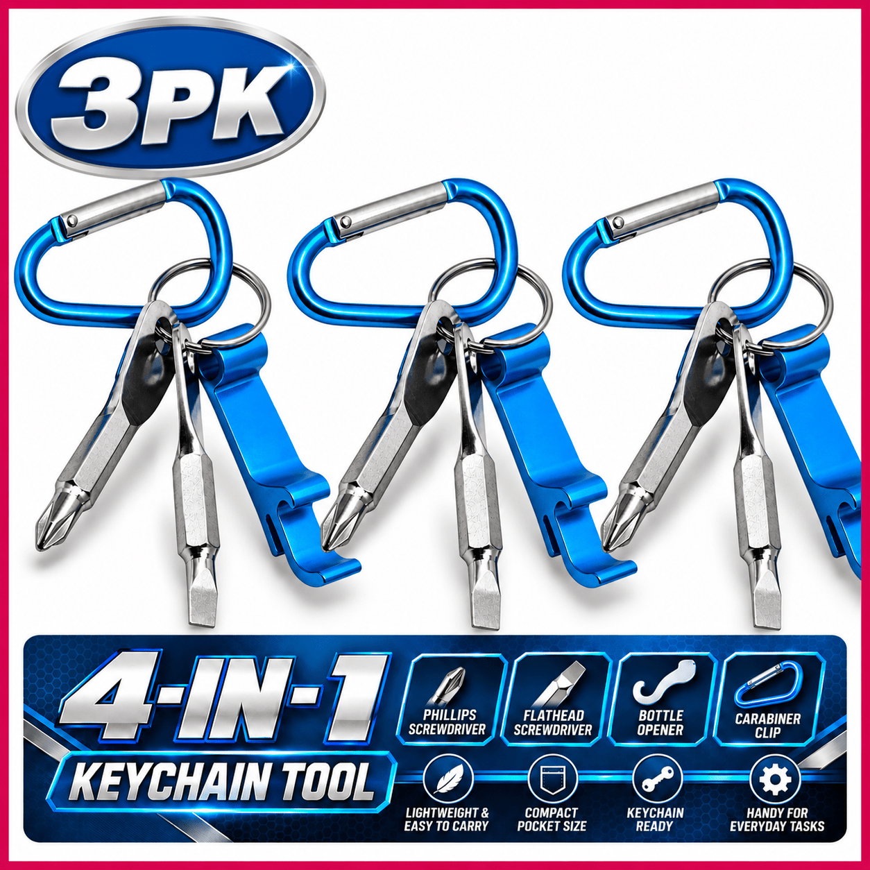 TEMU 3 Pack Keychain Multitool | 4 In 1 Mini Multitool With Phillips & Flathead Screwdriver, Bottle Opener & Carabiner Clip | Compact Pocket