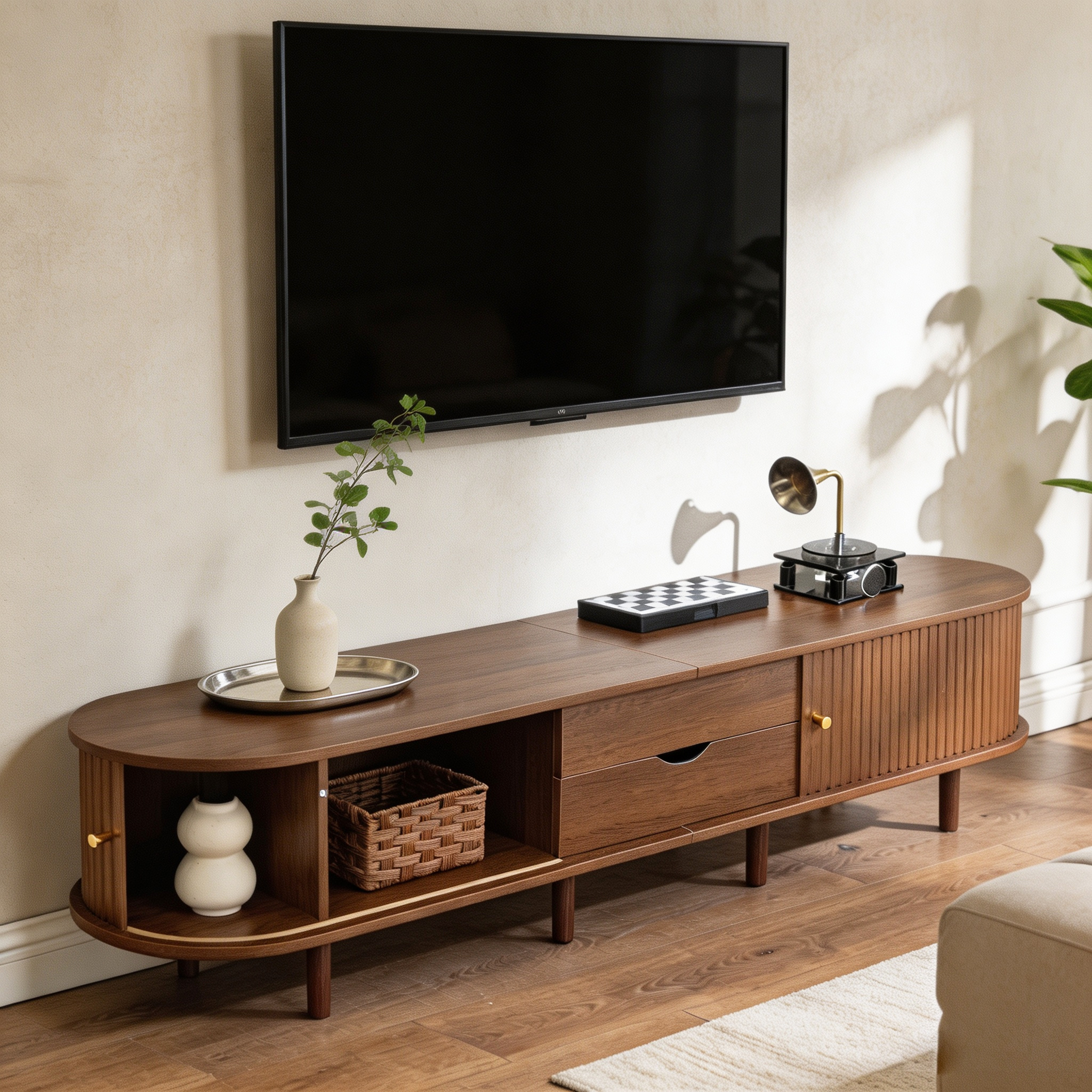 Image of Standing Tv Cabinet Lowboard With Sliding Doors, Open Storage Compartments, And Roll-up Door, Brown, 180×40cm, For Living Room And Bedroom