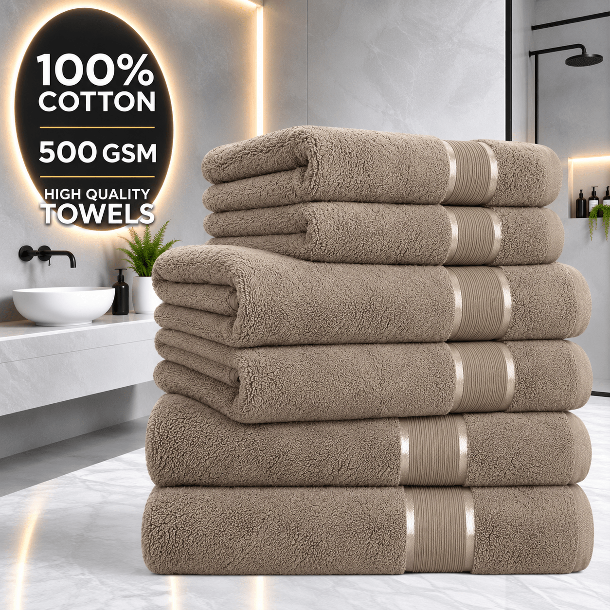 TEMU 6pcs 100% Cotton Towel Set, 500 Gsm Soft Terry Towelling, 2 Bath Towels, 2 Hand Towels & 2 Guest Towels, Absorbent, Quick Dry, Machine Washable,