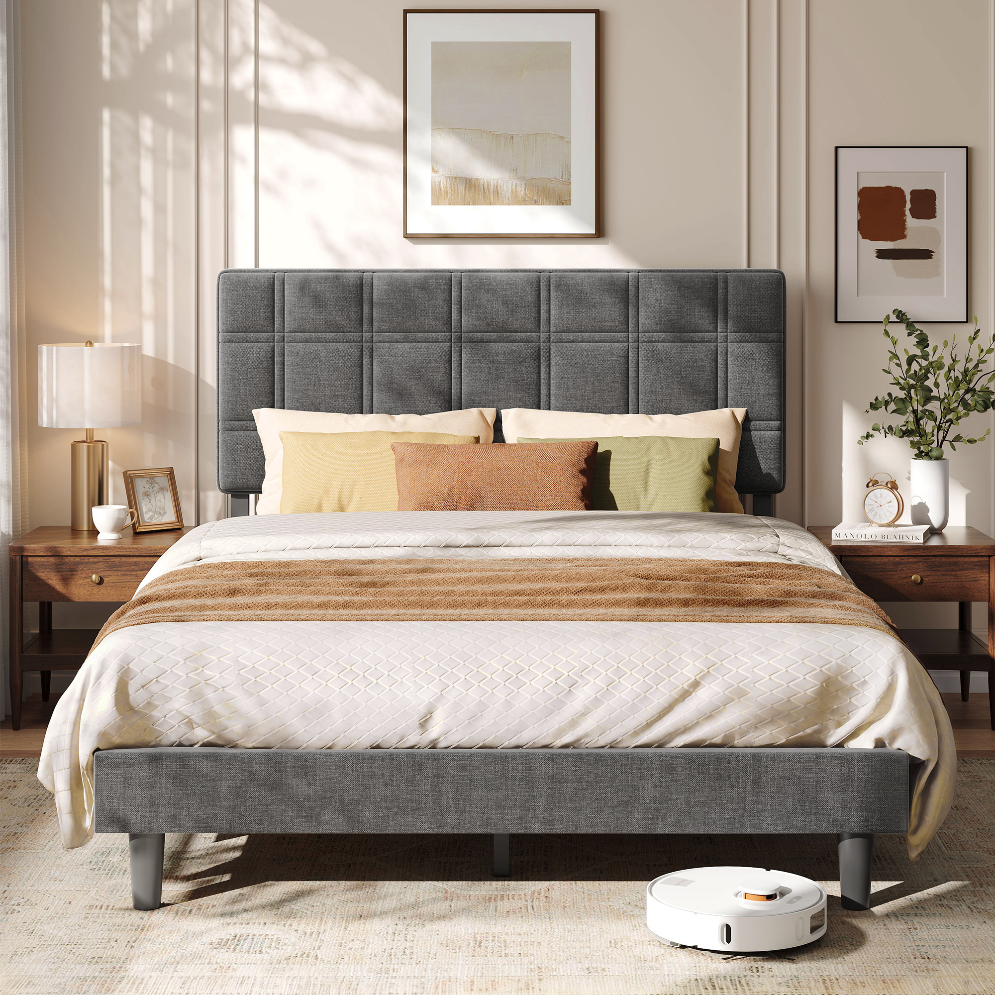 Image of Bed Frame 140 X 200 Cm Double Bed With Upholstered And Adjustable Headboard