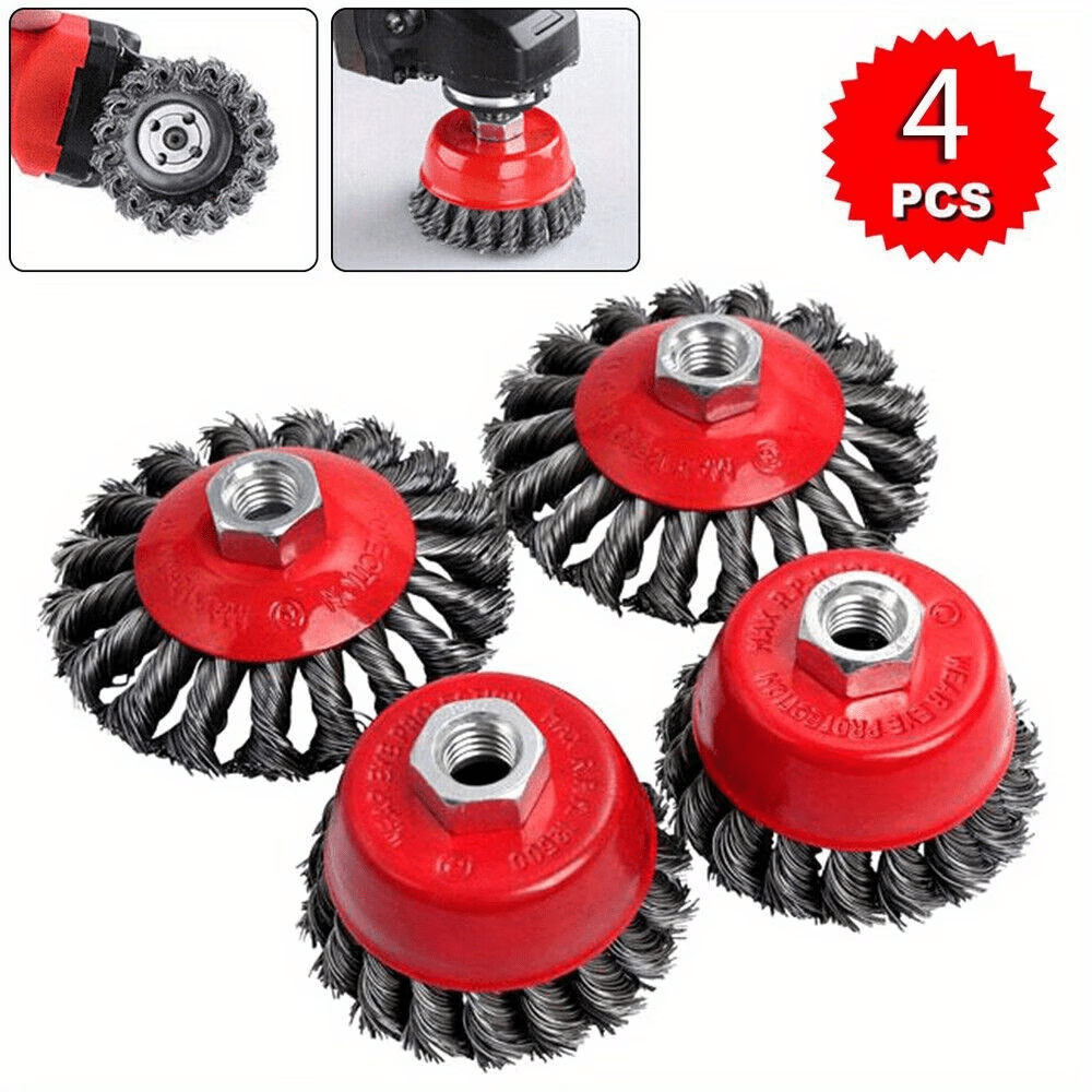 Image of 4/6pcs. Steel Wire Brush Set, Suitable For 4-1/2 Inch Angle Grinders, Including 4-inch Disc Brushes, 3-inch Cup Brushes, Equipped With 0.55-inch Threaded Shaft, Suitable For Rust And Paint Removal.