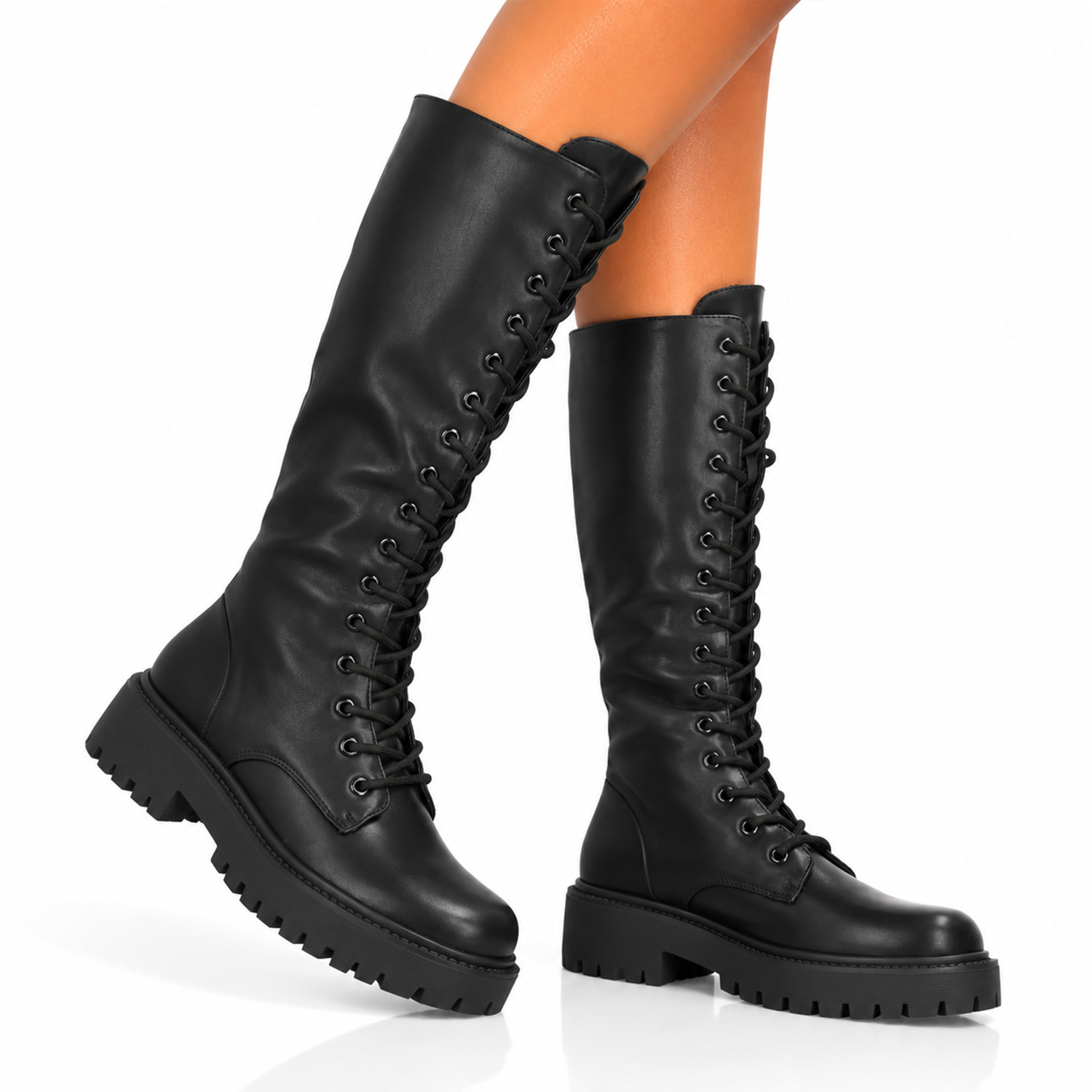 Image of Women's High Military-style Boots With Lace- Along , Smooth Print, Zipper Closure, And Platform. Fall-winter Season.