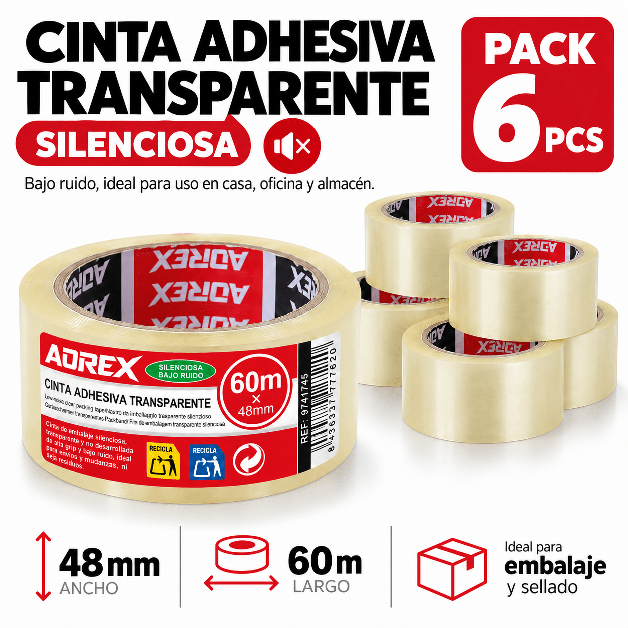 TEMU Cinta Adhesiva Transparente Silenciosa de Embalaje, Cinta de Transparente para Cajas y Paquetes, Precintadora Adhesiva de Ruido, Cinta de para