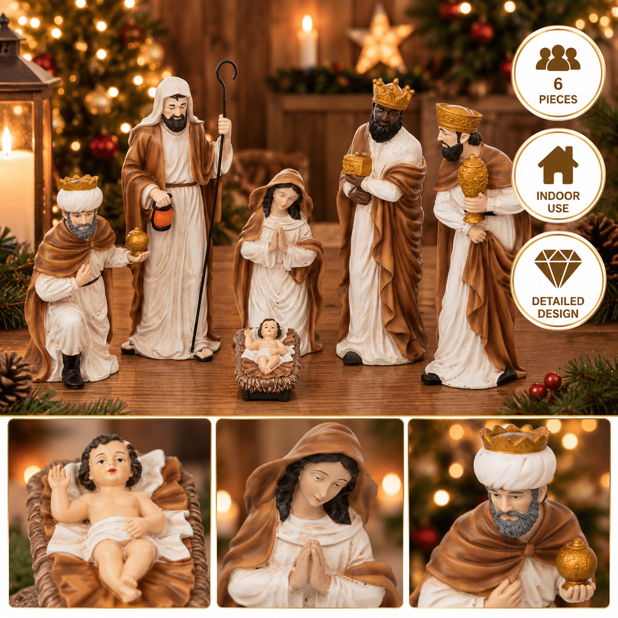 Image of Set Of 6 Polyresin Christmas Figurines Up To 33 Cm – Nativity Scene With Mary, Joseph, Jesus, And Wise Men – Multicolor Decorative Figures For Indoor Christmas Decor