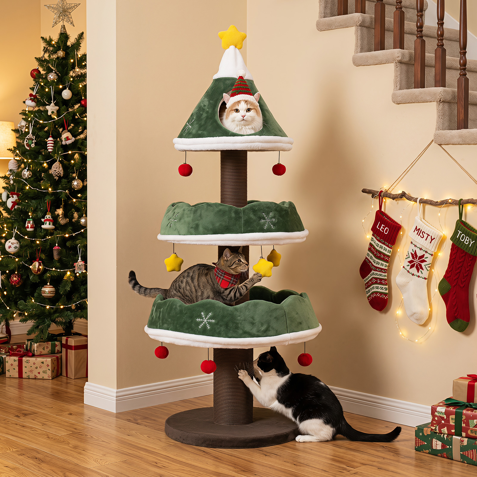 Image of 143 Cm Multi-level Cat Tower W/ Fully-wrapped Scratching Posts, 3 Hanging Stars & 6 Pompoms, Holiday Pet Furniture For Kittens
