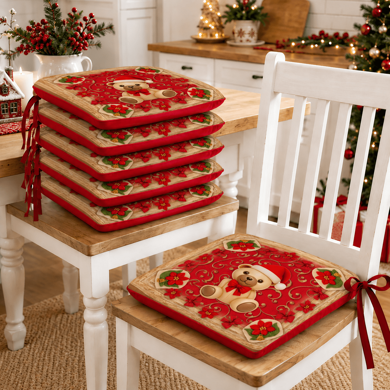 TEMU 6 Tied Cushions (set Of 6) - "dis Teddy Bear" Red, Durable Fabric, Hd For Indoor And Outdoor Use