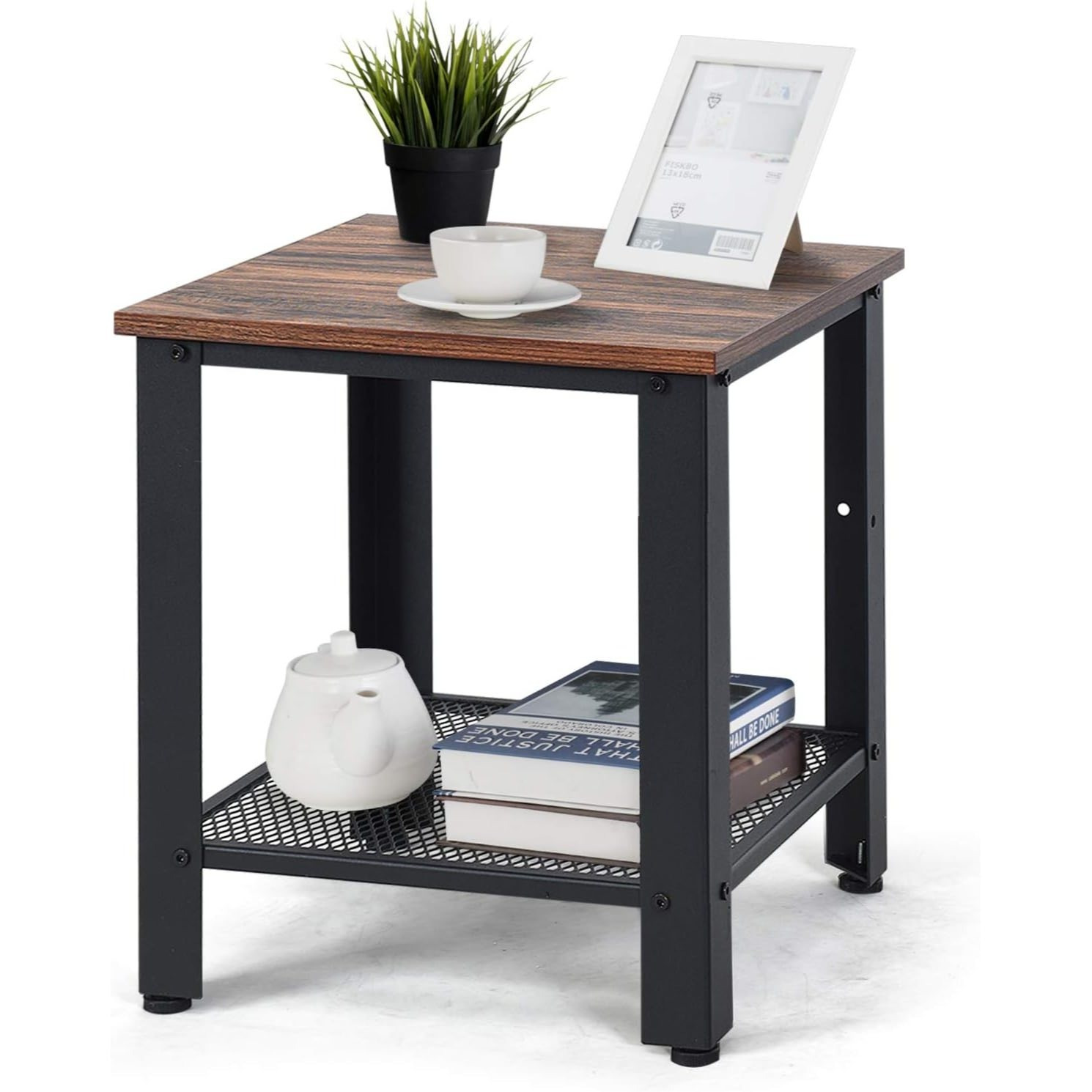 Image of Side Table With 2 Levels, Bedside Table With Adjustable Non-slip Foot Pads, Coffee Table With Metal Frame