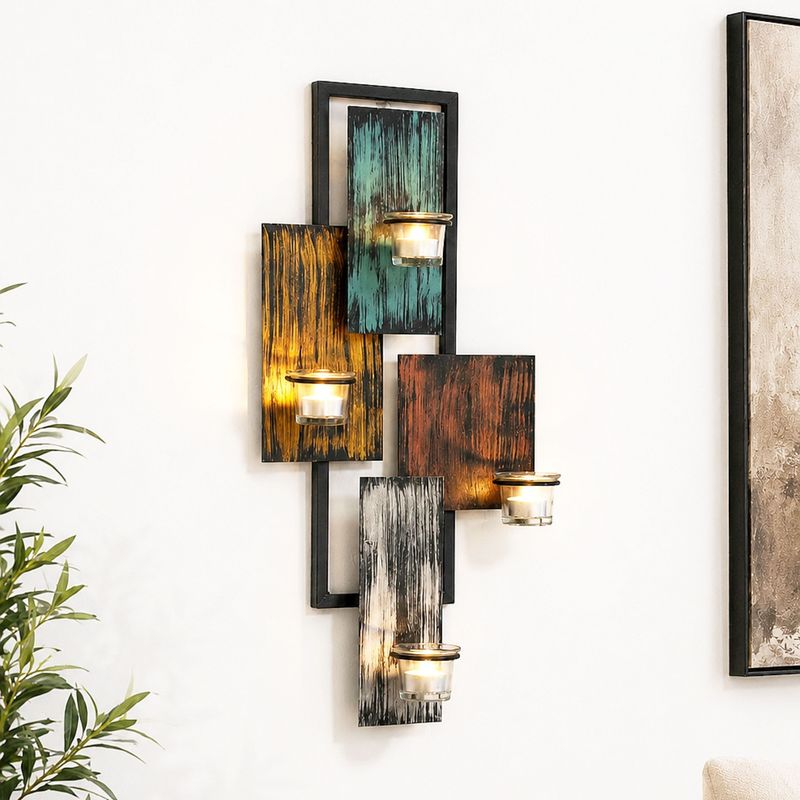 Abstract Black Metal Wall Candle Holder, 60 Cm Tall, With 4 Glasses, Wall Sconce, Wall Candle Holder