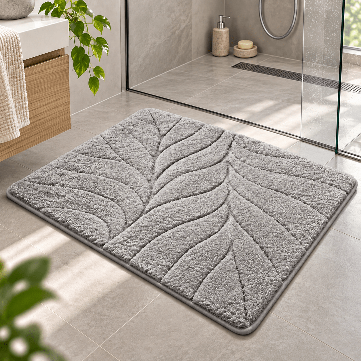 Flodi Bath Mat Made Of Soft Microfiber With Leaf Pattern And Non-slip Back