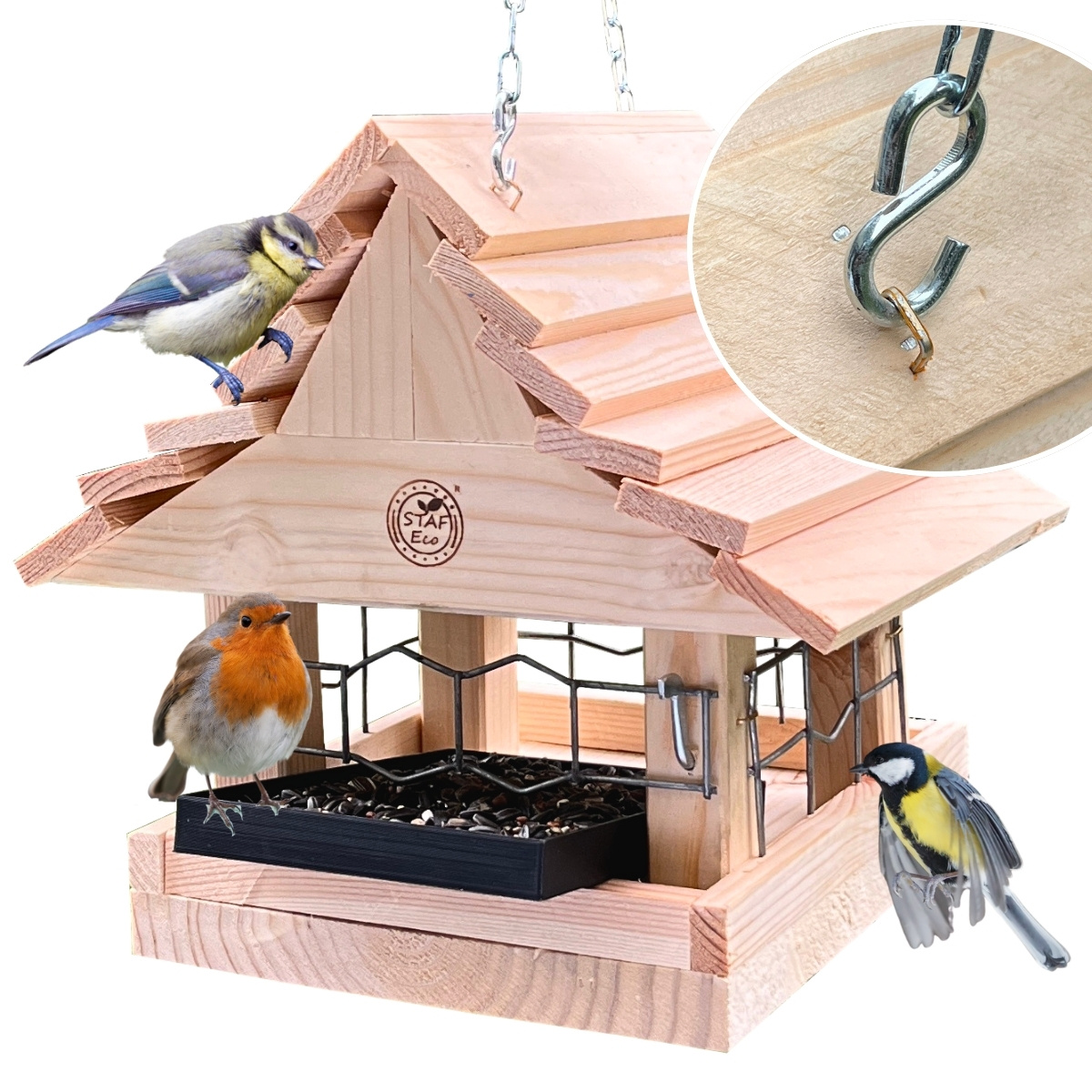Image of Wooden Bird Feeder House With Chain, Practical Feeding Drawer And Protective Grid Against Large Birds.
