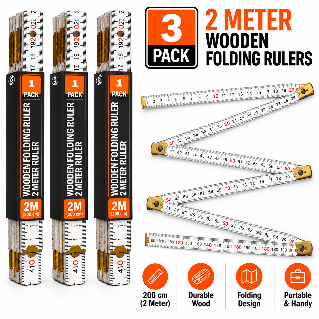TEMU 3 Pack 2 Metre Folding Ruler | Wooden Measuring Ruler | Folding Measuring Tool For Diy, Woodworking, Decorating, Carpentry, Home Improvement &