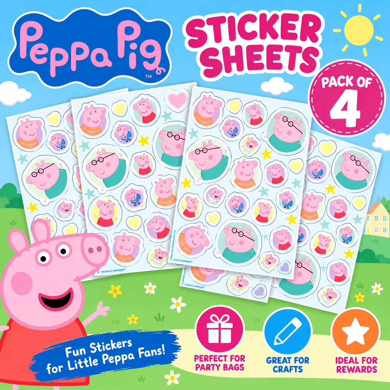 TEMU Pig Sticker Sheets – Pack Of 4 – Colourful Kids Character Stickers For Party Bags, Crafts, Rewards & Activities