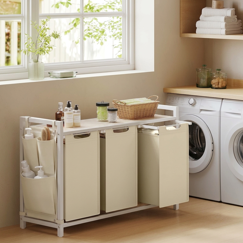 Image of Laundry Hamper With 3 Compartments, Removable Laundry Bag, Metal Frame, Laundry Collector For Bedroom, With Shelf, Light Mocha Color