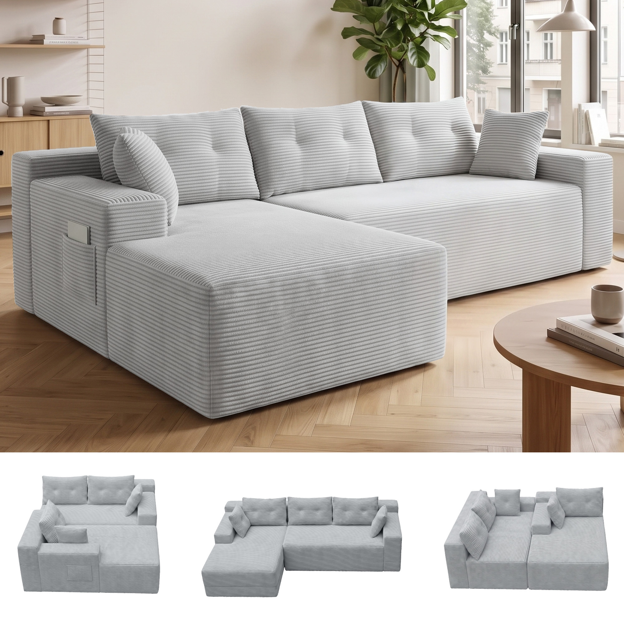 Image of Modular Sofa, Corner Sofa With Left Chaise Lounge, 4-seater, With Wide Armrests, Deep Seat, Corduroy Fabric Cover, L-shaped Couch With High-density Foam, For Bedroom, Living Room