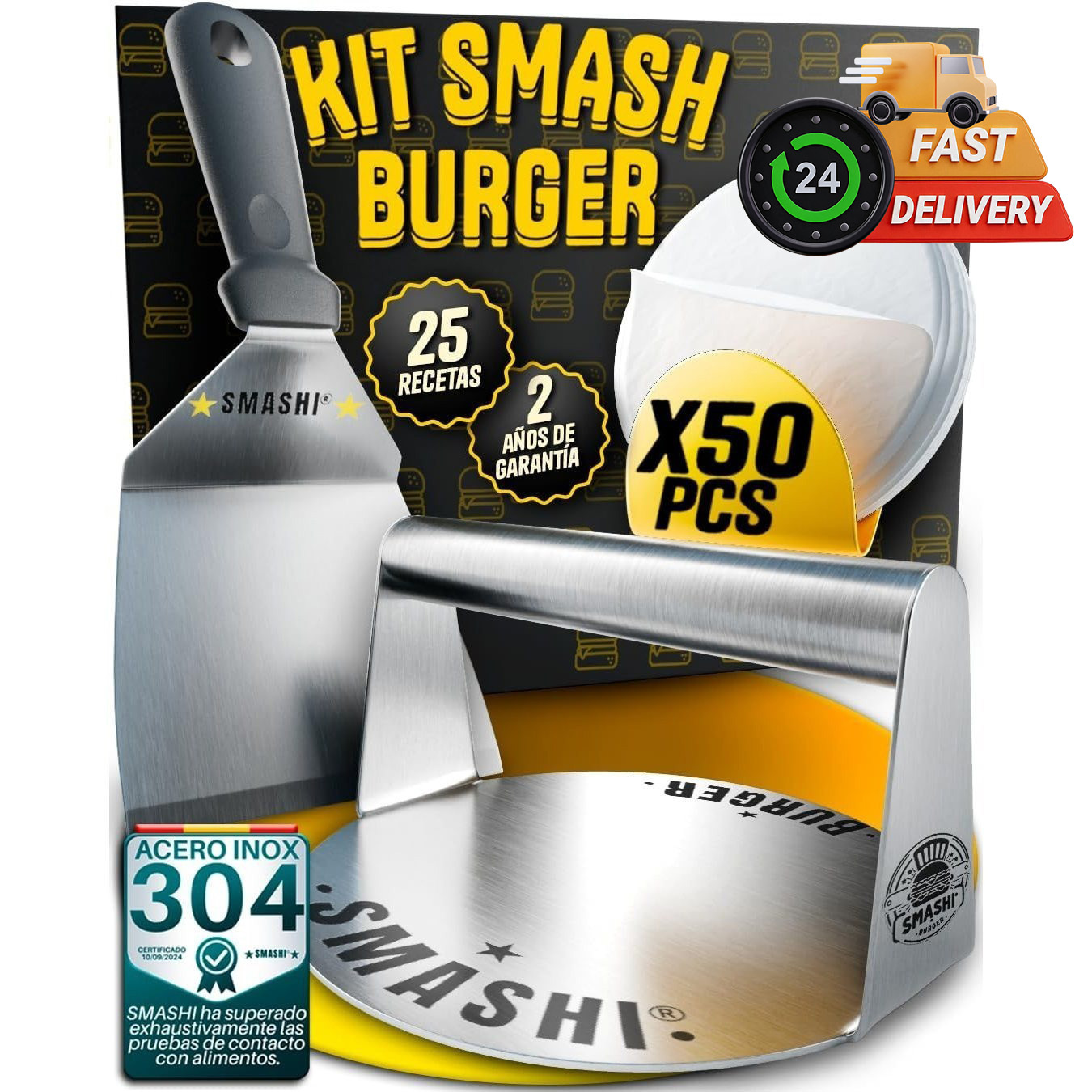 Image of Smashi® Smash Burger Kit - Professional 304 Stainless Steel Eu Food Contact Certified | Smasher Burger Press | The Authentic Smash Burger Kit