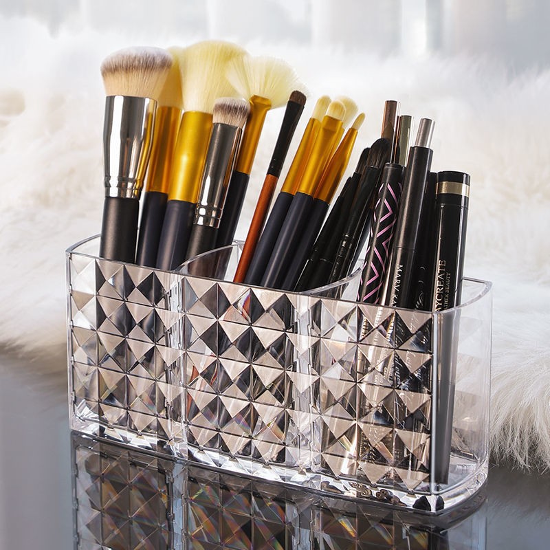 Diamond-Patterned Clear Acrylic 3-Compartment Organizer for Makeup