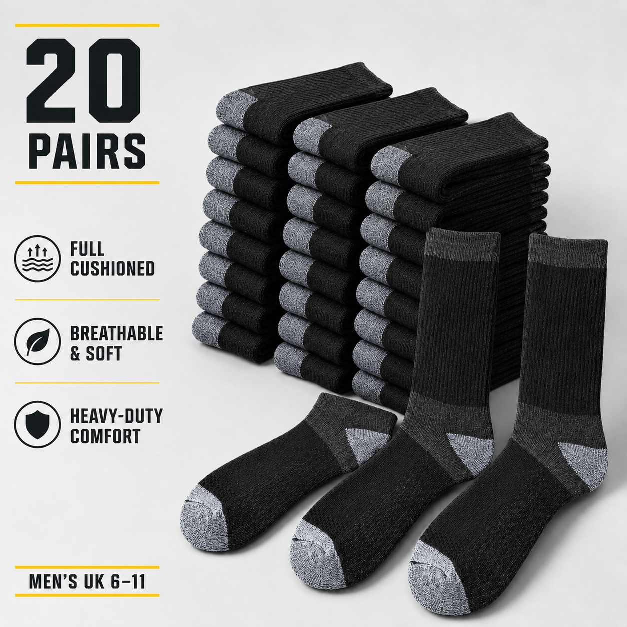 TEMU 20 Pairs Men's Cushioned Crew Socks – Thick Warm Work Boot Socks, Reinforced Heel & Toe, Breathable Everyday Hiking Socks, Uk Size 6–11