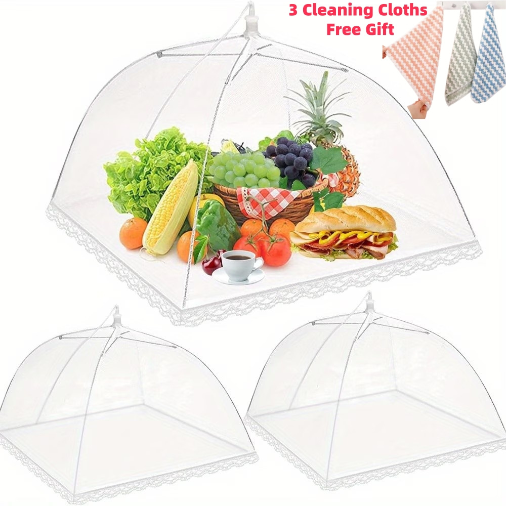 TEMU 6pcs Set (3 Large-size Pop-up Mesh Food Tents + -gift Cleaning Cloths, Random Colors), Reusable Foldable Food Dome Covers, Anti-fly & Kitchen