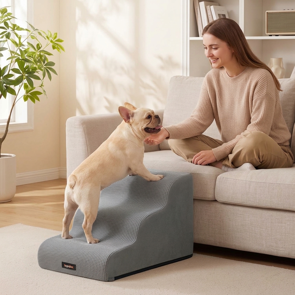 Image of Dog Stairs 3 Steps Dog Ramp For Small Dogs Slip-resistant 57 X 40 X 40 Cm Grey