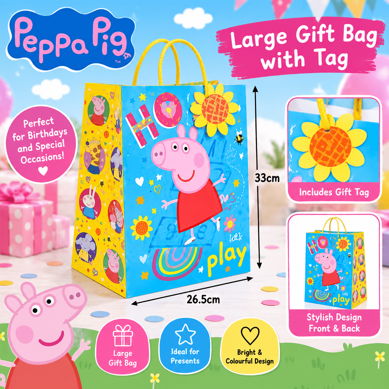 TEMU Pig Gift Bag Large Birthday Present Bag For Girls | Pig Party Gift Packaging | 33 X 26 X 13.5cm