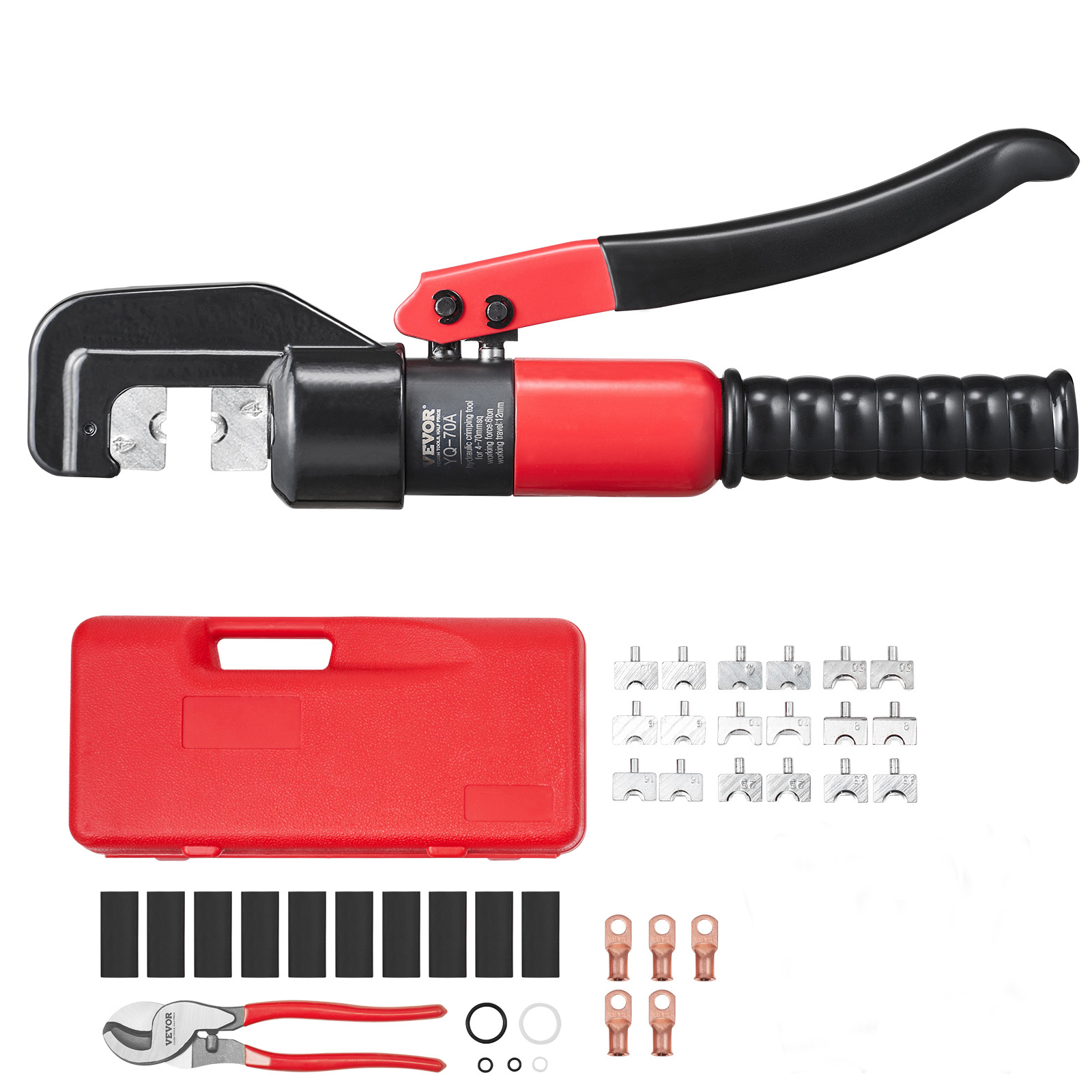 Image of Crimping Tool, Awg12-2/0 Copper And Aluminum Terminal Battery Lug Hydraulic Crimper, With A Cutting Pliers, 10pcs Copper Ring Connectors, 8 X Heat Shrink Sleeves And A Blow Moulded Case