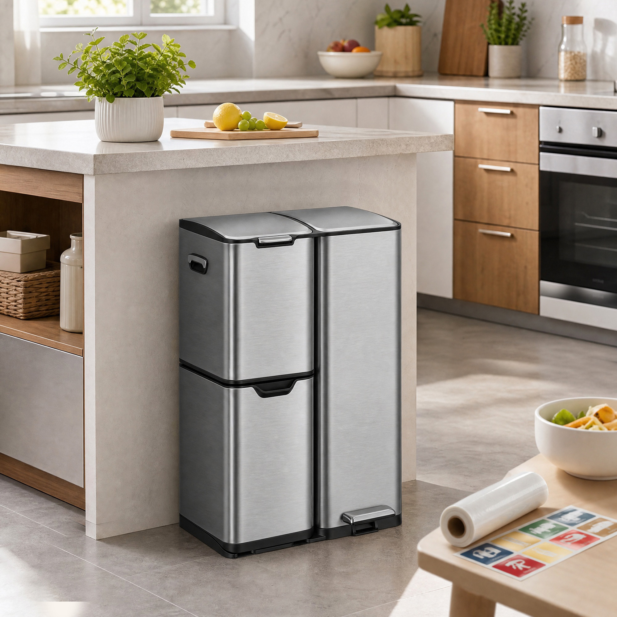 TEMU Poubelle de Cuisine Tri Sélectif 3 Compartiments 60 L avec Pédale 46,7 x 39 x 71,9 cm Argent
