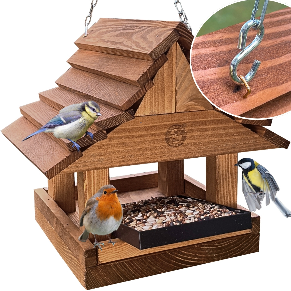 Image of Wooden Bird Feeder For , Brown, With Chain And Practical Feed Drawer